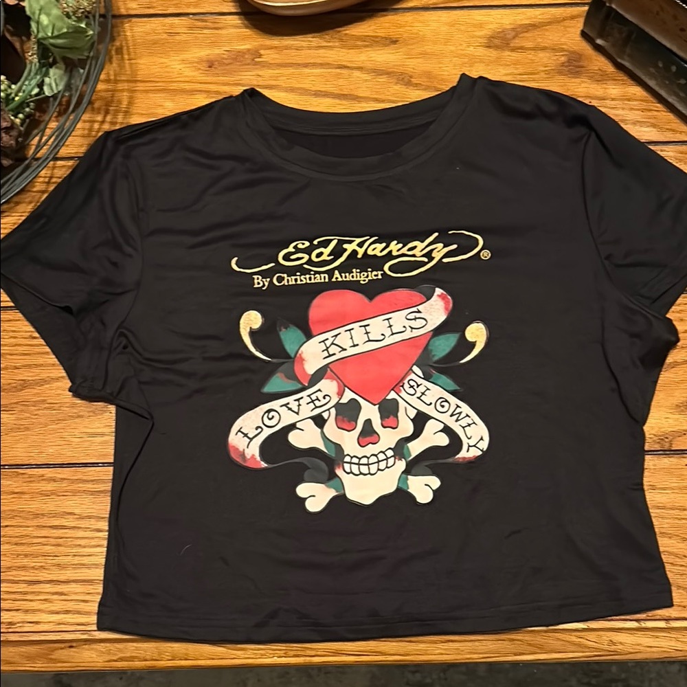 Ed Hardy Black Tee with Skull and Heart Design NWOT